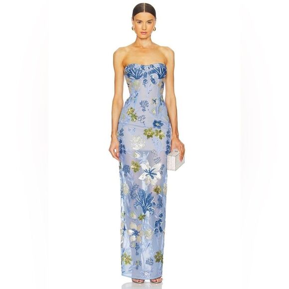 NWOT Bronx and Banco Dahlia Sequin Floral Column Gown in Baby Blue, size XS,S - Picture 1 of 16